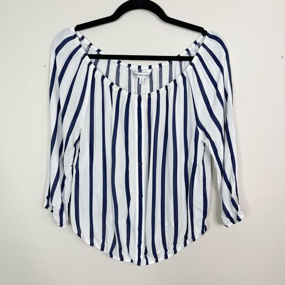 Cupcakes and Cashmere Small Striped Off The Shoulder Top White Blue Button Front - Picture 1 of 9